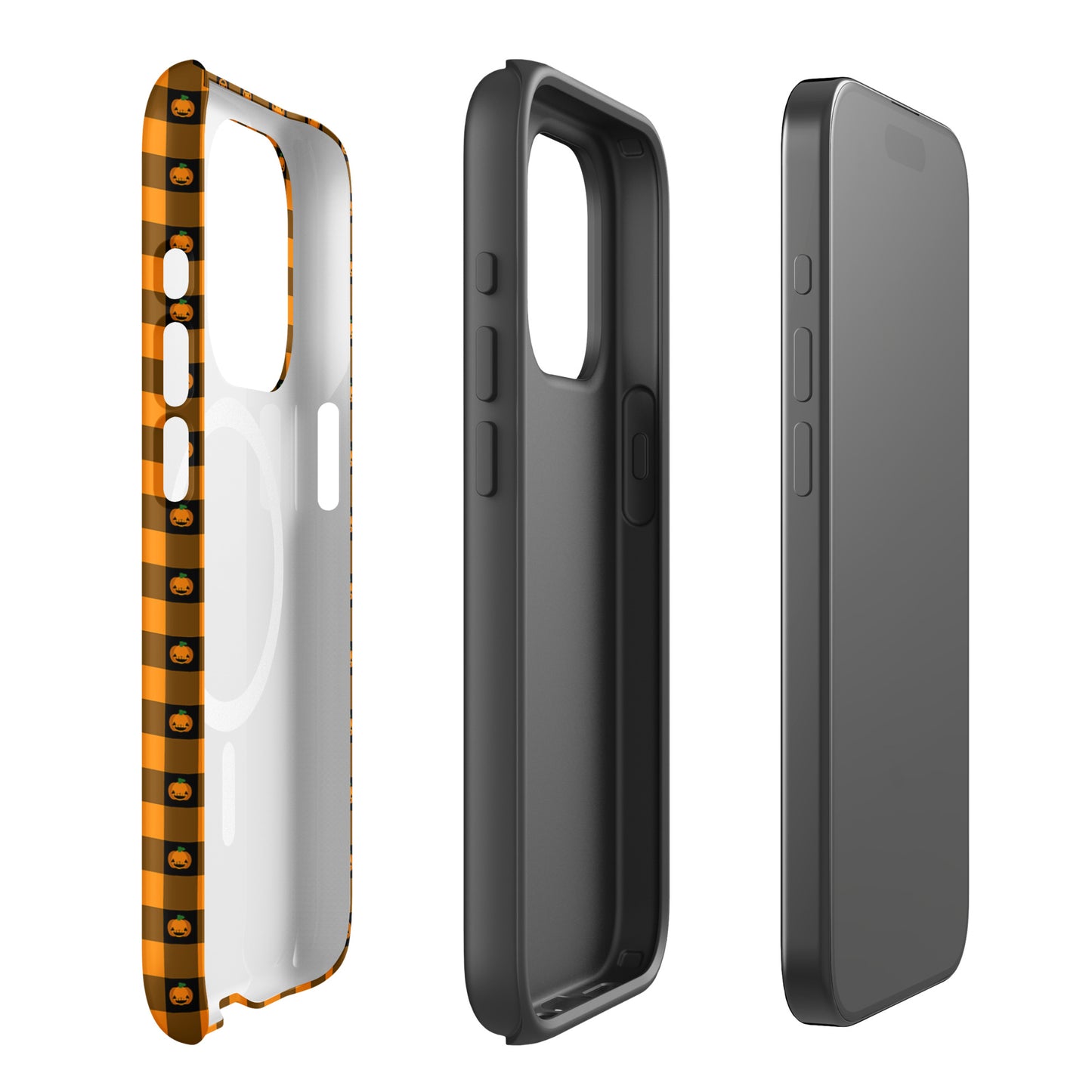 Magnetic Phone Case for iPhone with Halloween pumpkin gingham design, festive and fun accessory.