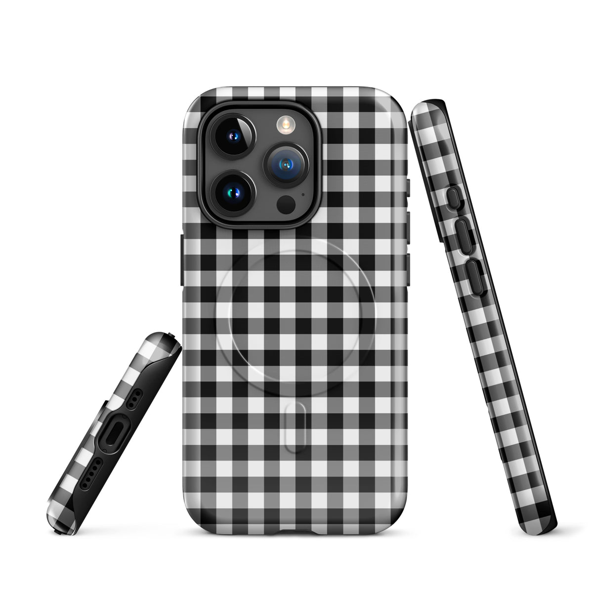 Magnetic Phone Case with black-and-white gingham pattern for iPhone, offering stylish design and protection.