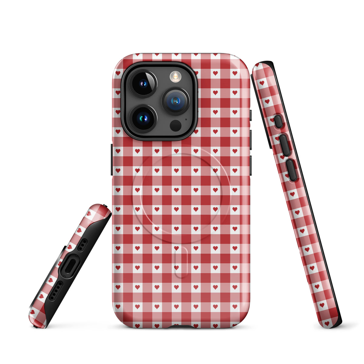 Magnetic Phone Case for iPhone in red gingham with heart pattern, stylish and durable design, modern accessory.
