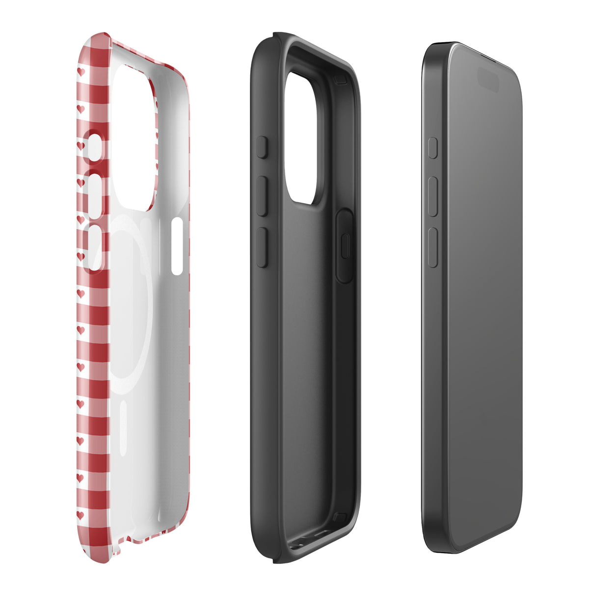 Magnetic Phone Case for iPhone with red gingham heart pattern, separated view showing front, back, and interior design.
