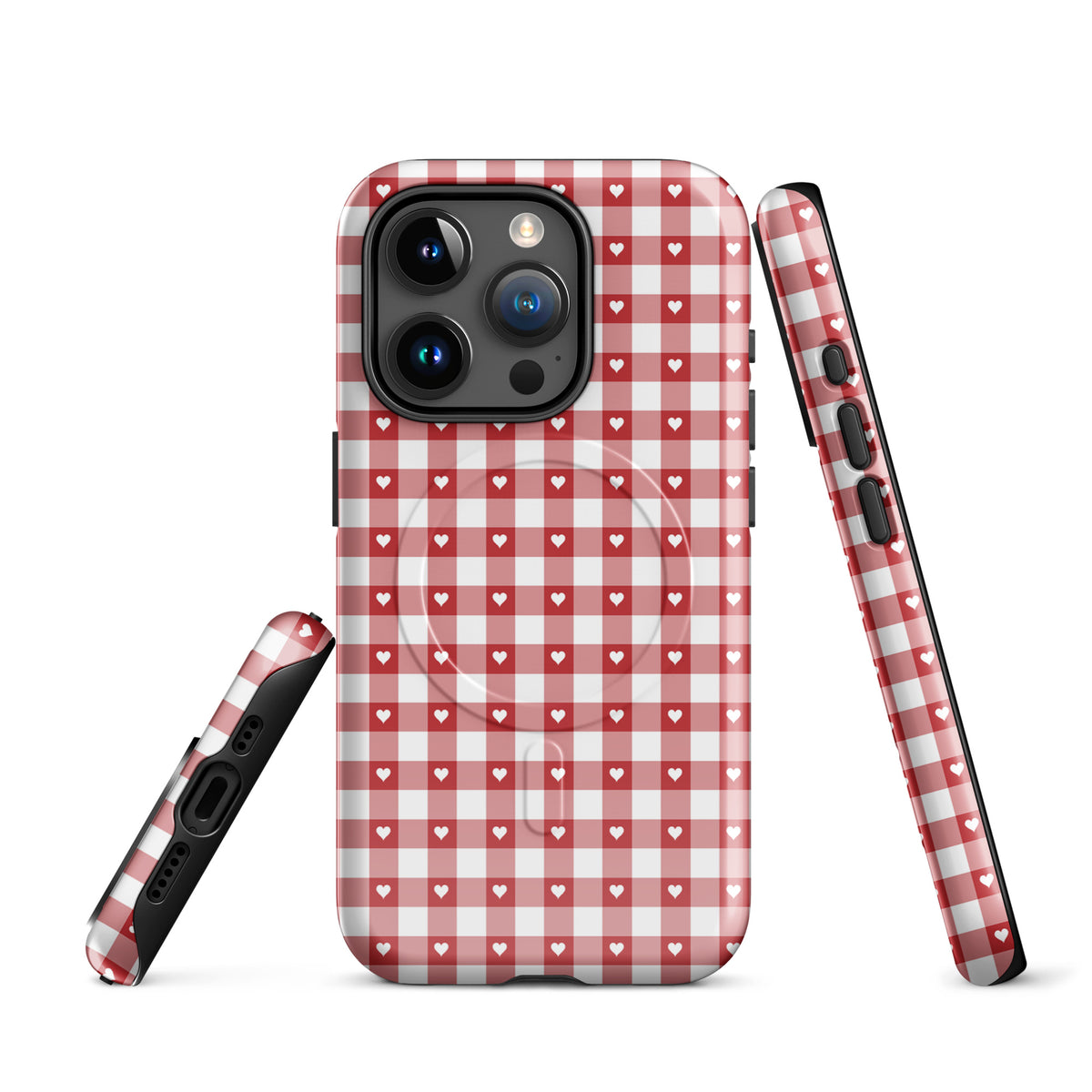 Magnetic Phone Case with red and white gingham pattern and hearts for iPhone, showcasing stylish design and protection.
