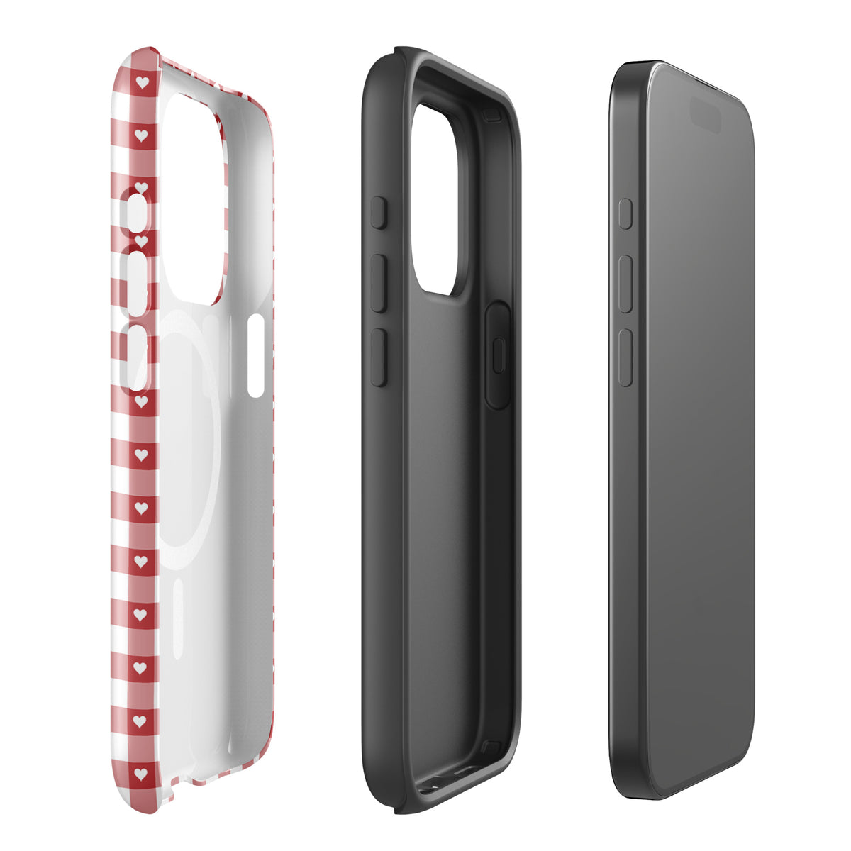 Magnetic Phone Case with red-and-white gingham pattern and white hearts for iPhone, stylish and protective accessory.