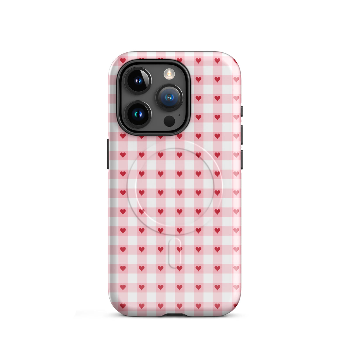 Magnetic Phone Case with pink-and-white gingham heart pattern for iPhone, featuring red hearts for a stylish and durable accessory.