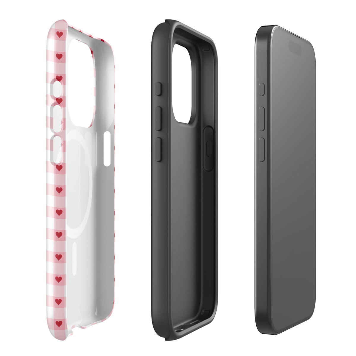 Magnetic Phone Case for iPhone with pink-and-white gingham and red hearts design, showing front and back view.