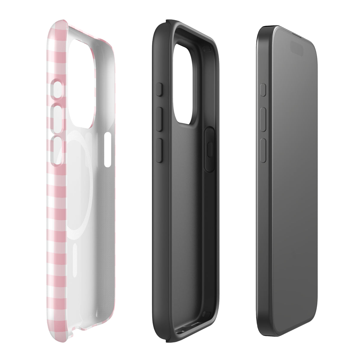 Magnetic Phone Case for iPhone with pink and white gingham pattern, showing stylish design and durable protection features.