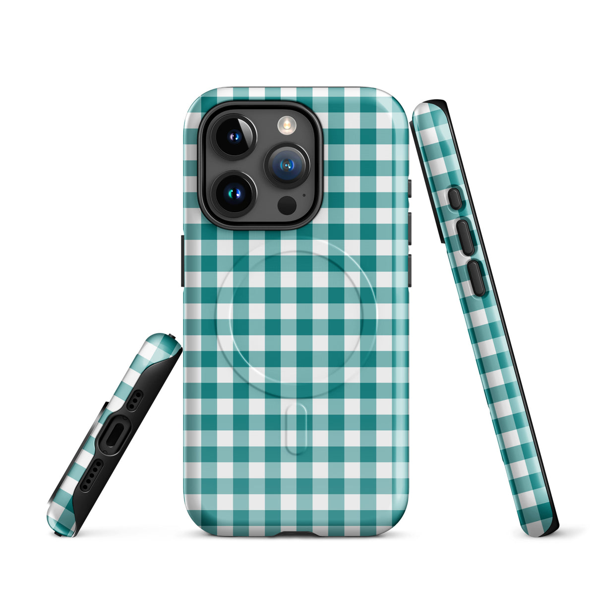 Magnetic Phone Case with teal and white gingham pattern for iPhone, stylish and durable protection accessory.