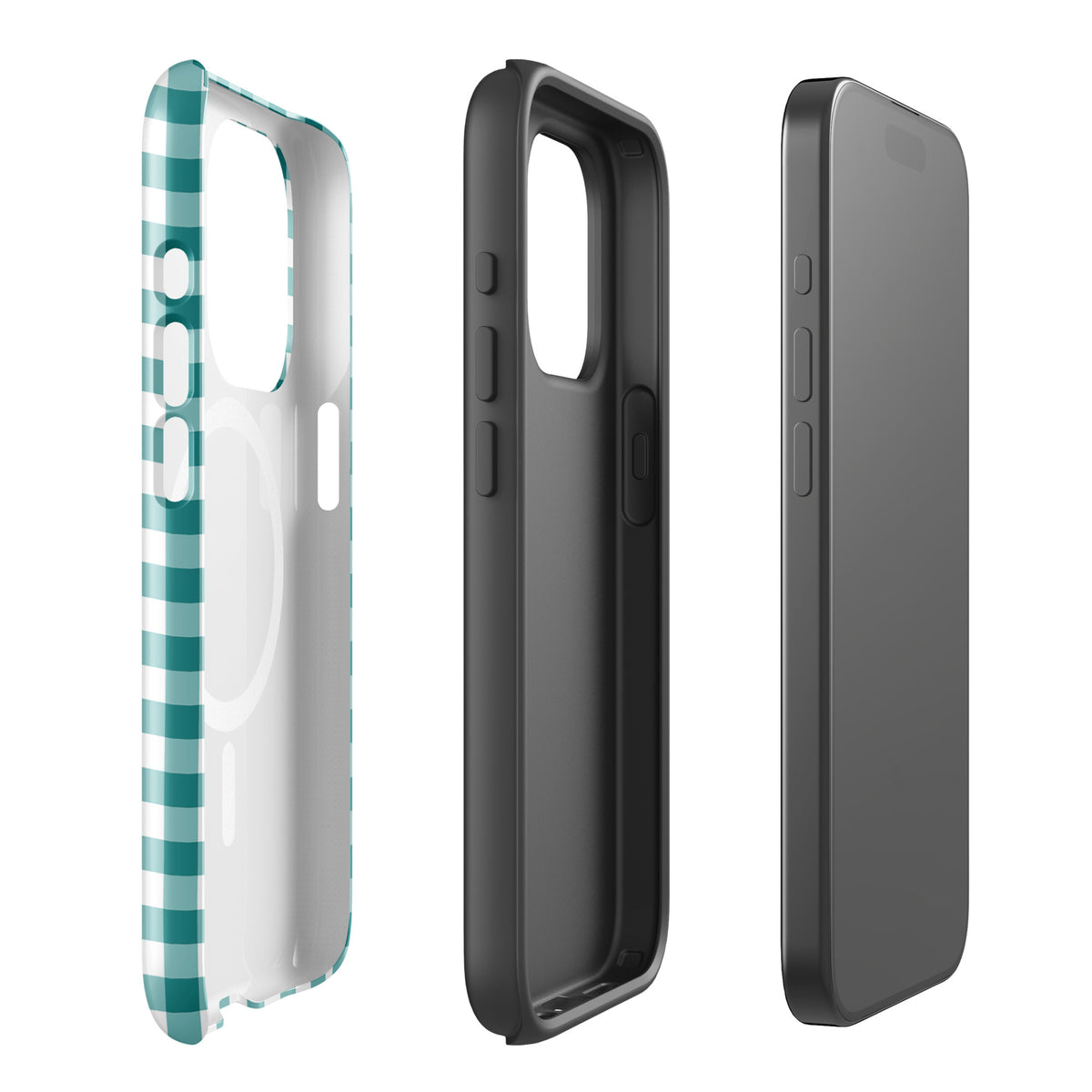 Magnetic Phone Case in teal and white gingham pattern for iPhone, showcasing open design and durable construction.