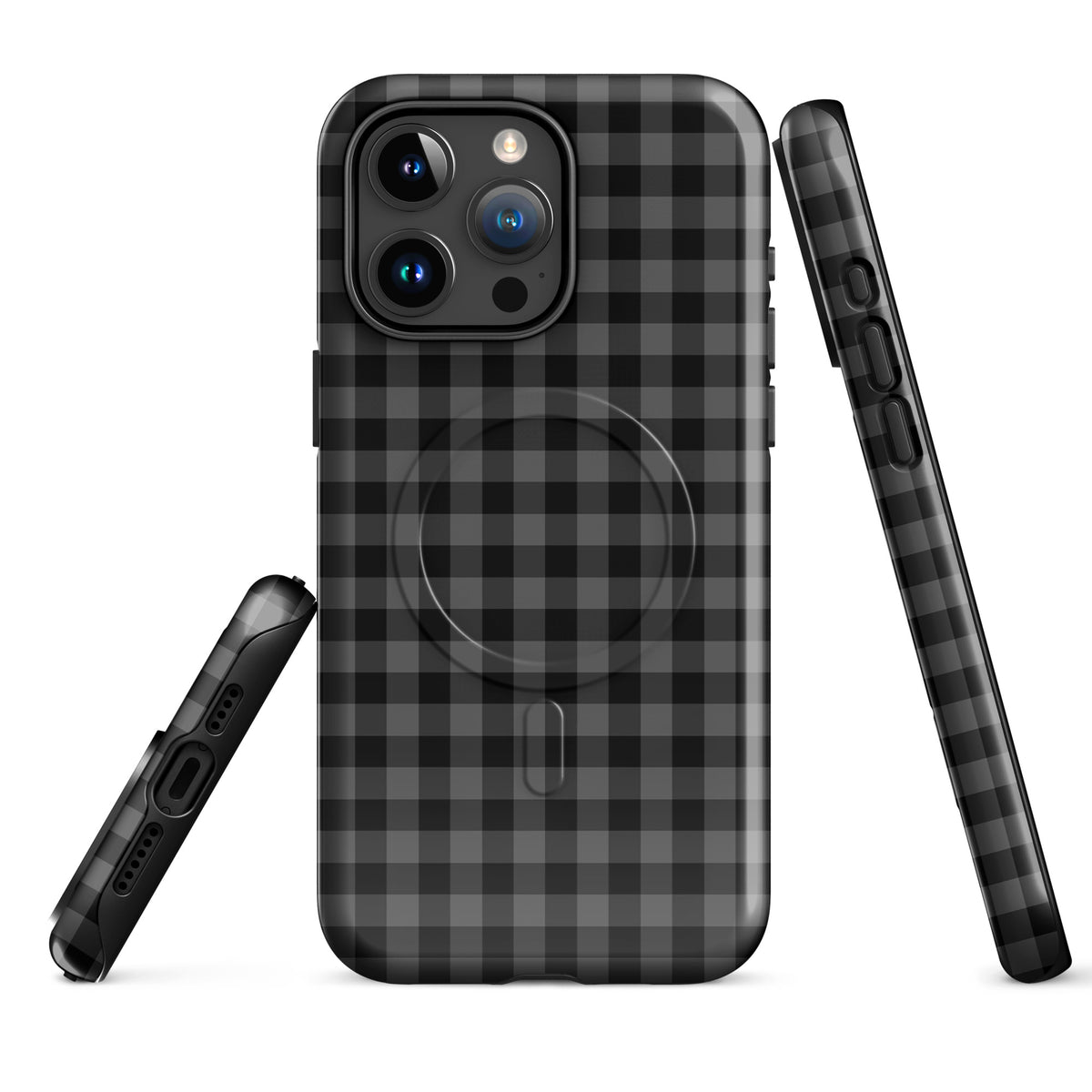 Magnetic Phone Case in black charcoal gingham pattern for iPhone, showcasing modern style and protective design.