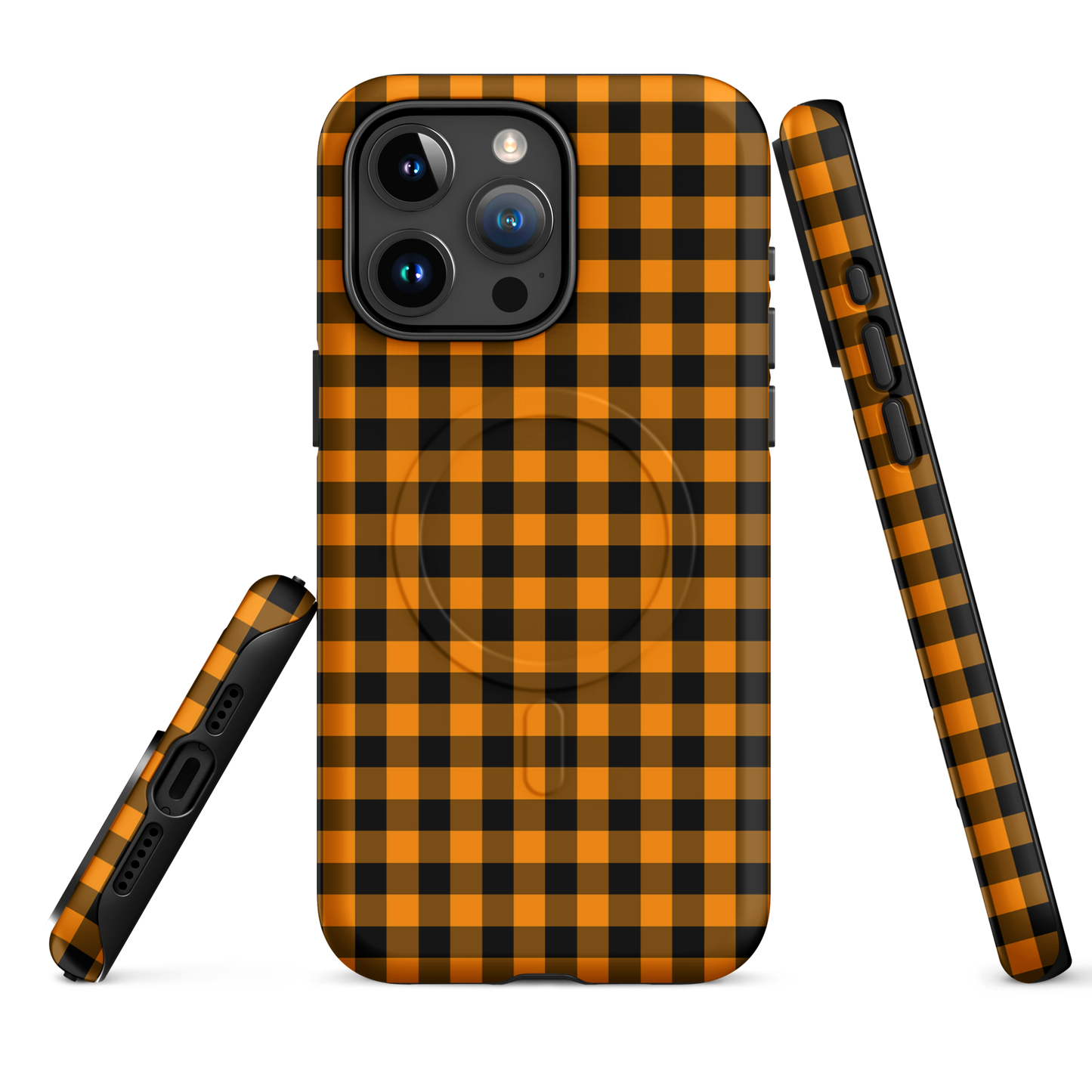 Magnetic Phone Case for iPhone with black-and-orange gingham pattern, autumn theme, stylish design, durable, chic mobile accessory.