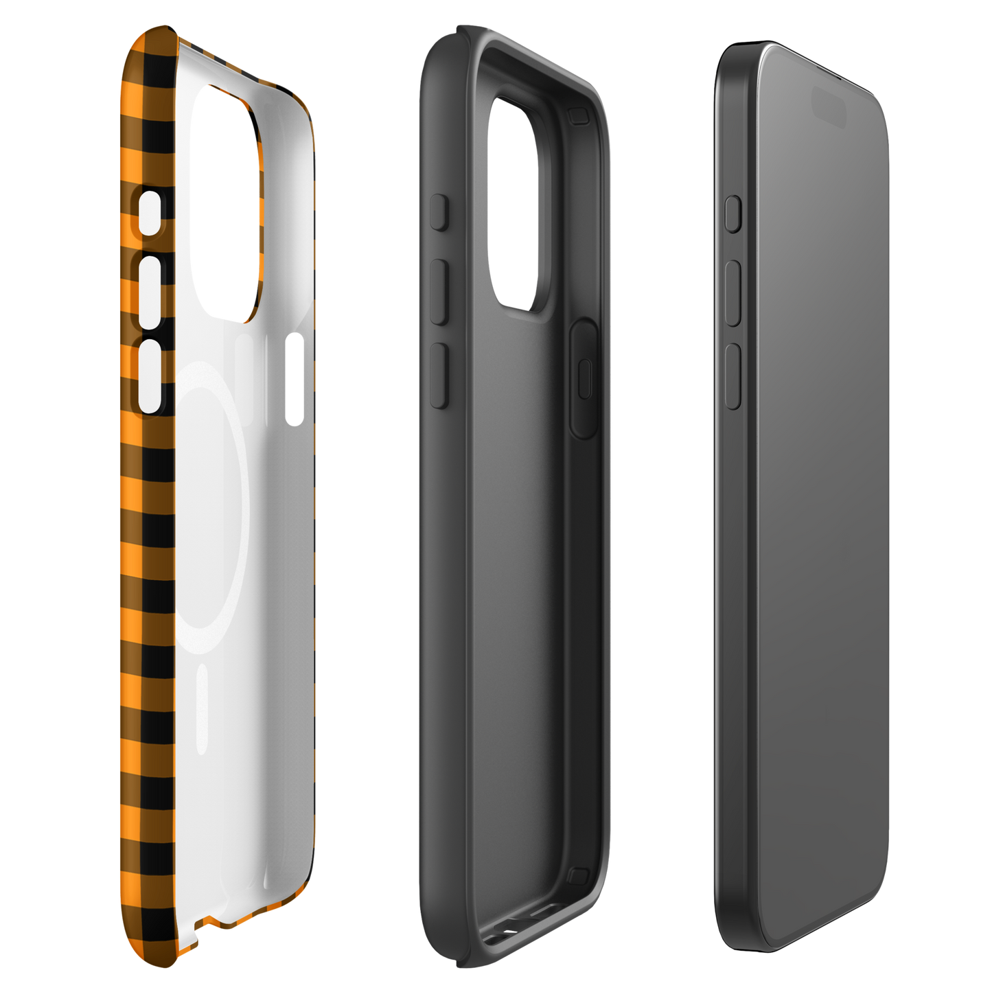 Magnetic Phone Case for iPhone in black-and-orange gingham autumn theme, showcasing design and durability.