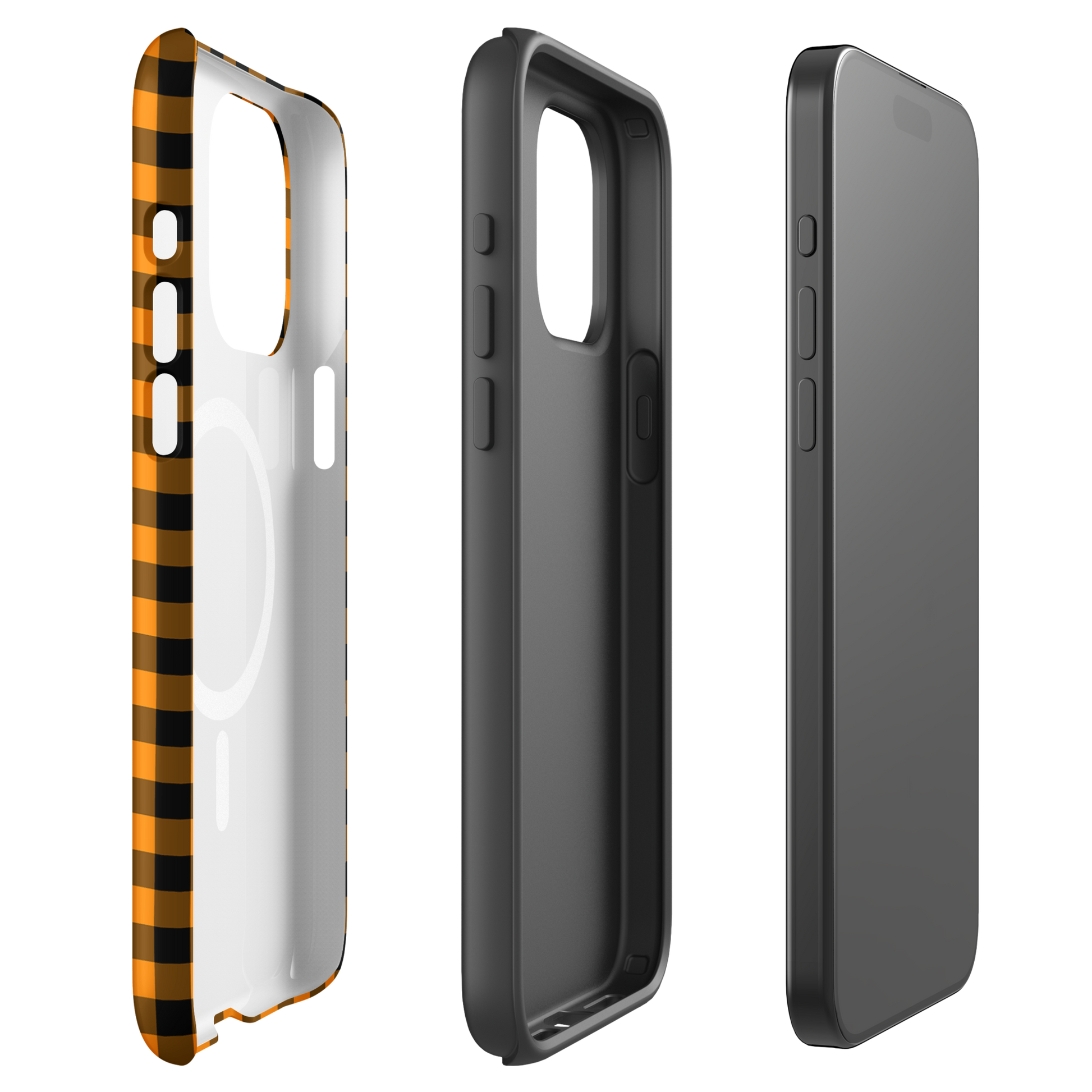 Magnetic Phone Case for iPhone in black-and-orange gingham autumn theme, showcasing design and durability.
