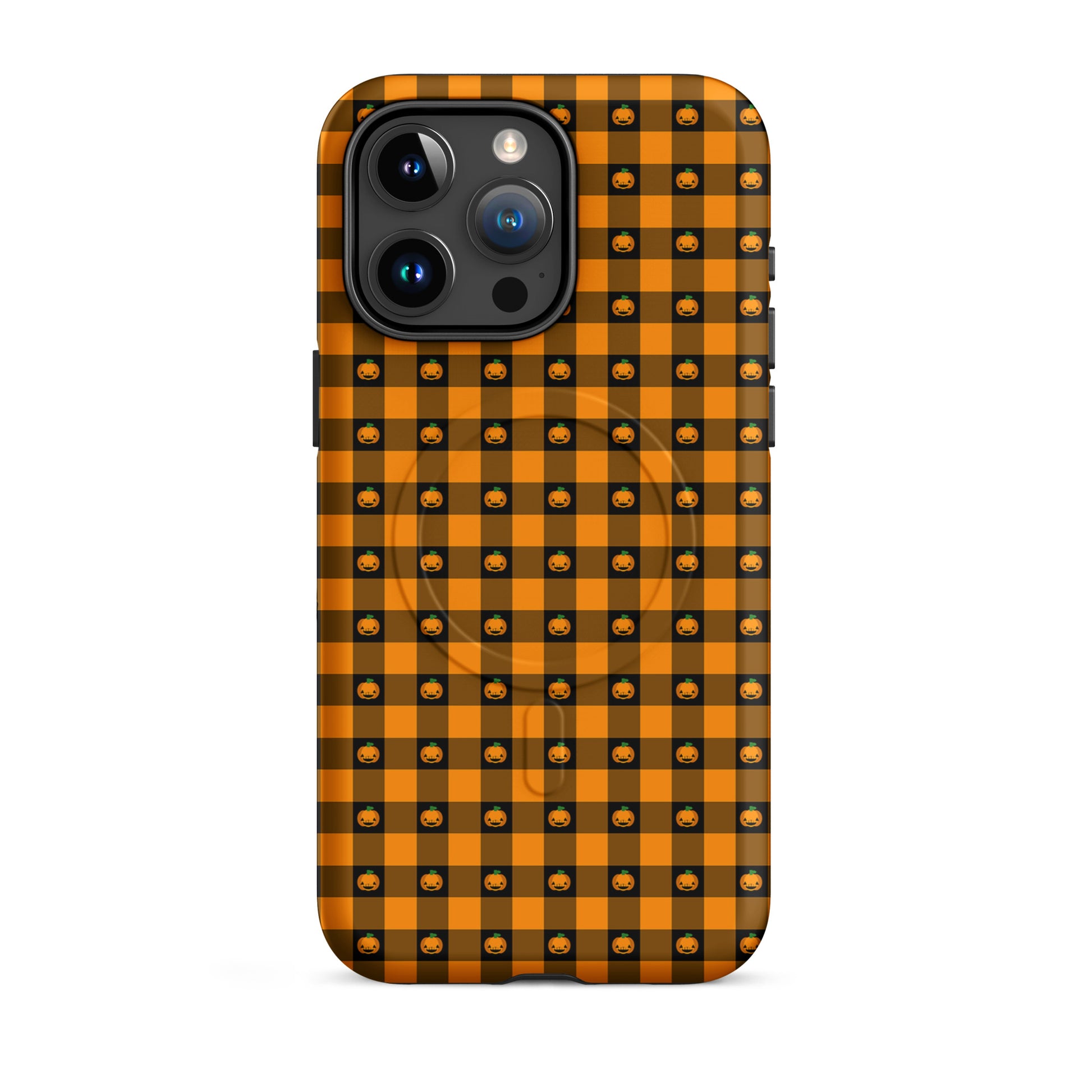 Magnetic Phone Case for iPhone with Halloween pumpkin gingham design, featuring jack-o'-lanterns and festive charm perfect for the season.
