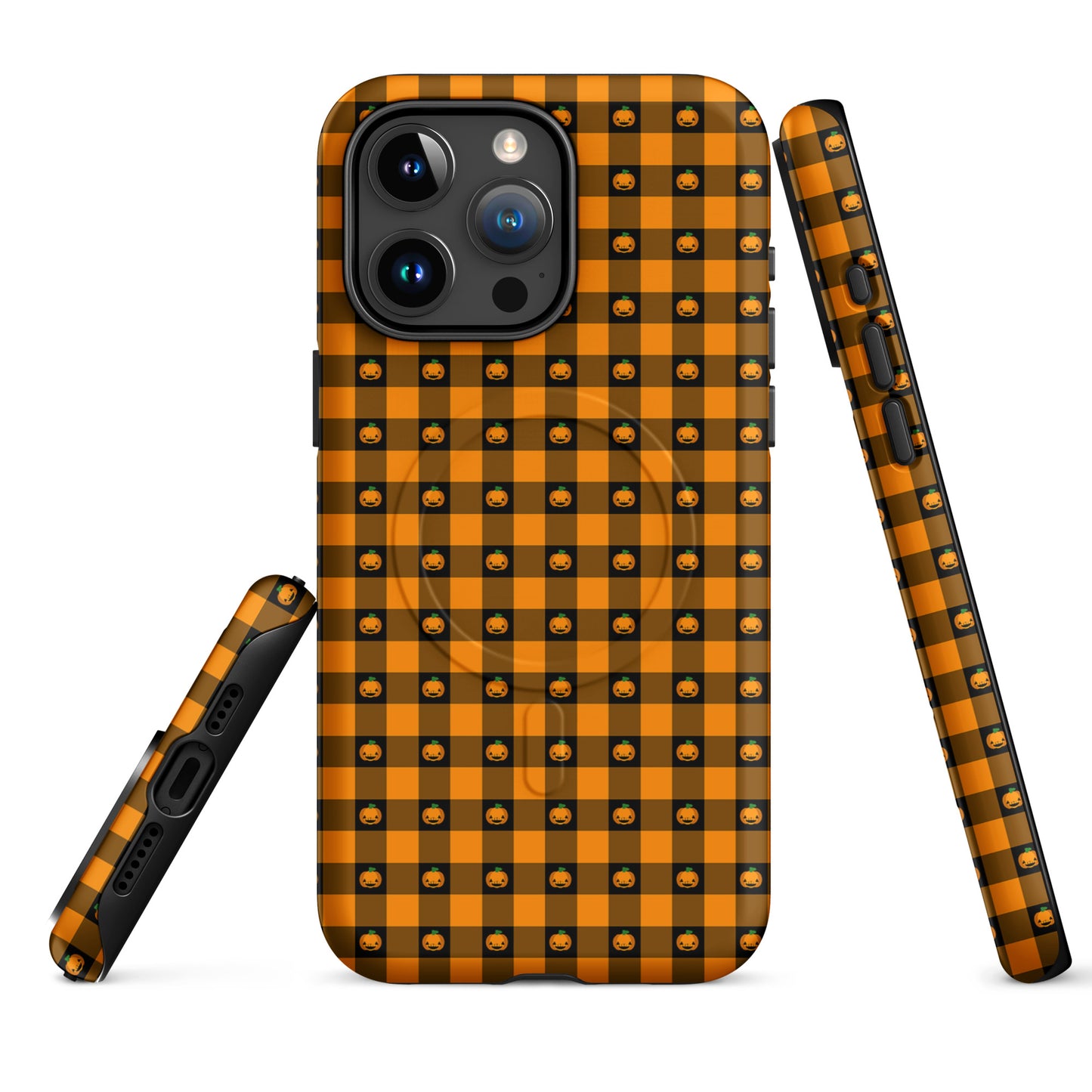Magnetic Phone Case for iPhone with Halloween pumpkin gingham design, featuring jack-o’-lanterns for festive charm.