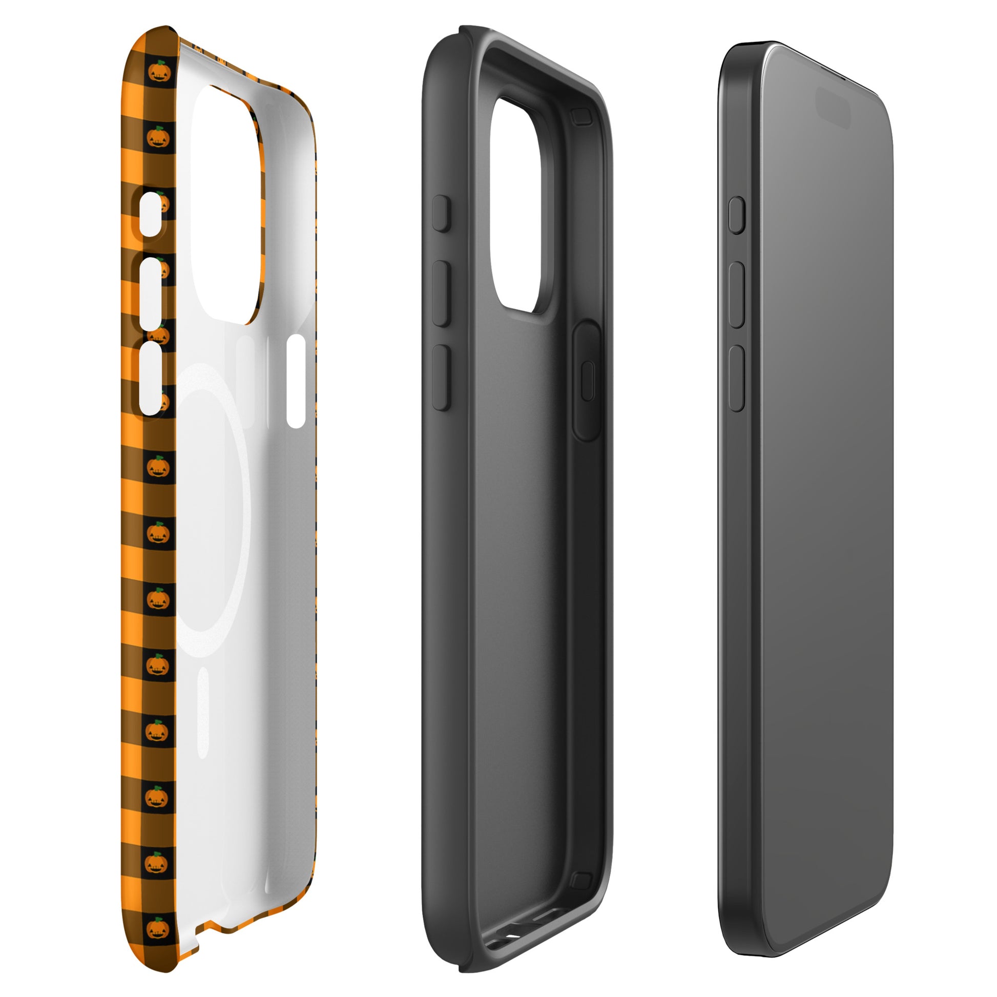 Magnetic Phone Case for iPhone with Halloween pumpkin and gingham design, featuring a bold seasonal theme.