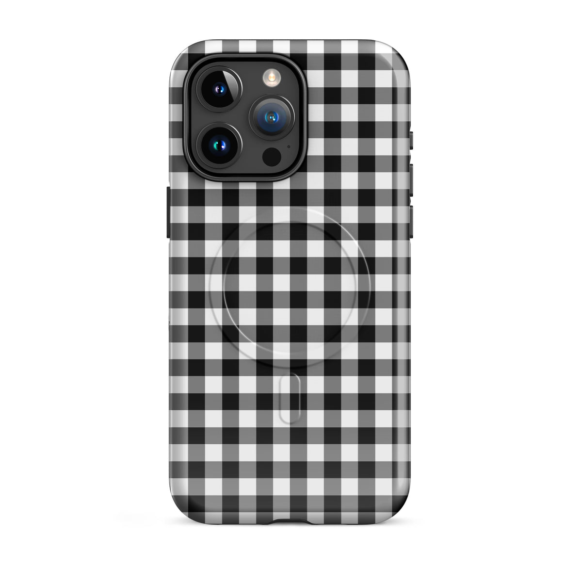 Magnetic Phone Case in black and white gingham pattern for iPhone, offering style and protection with a chic, durable design.