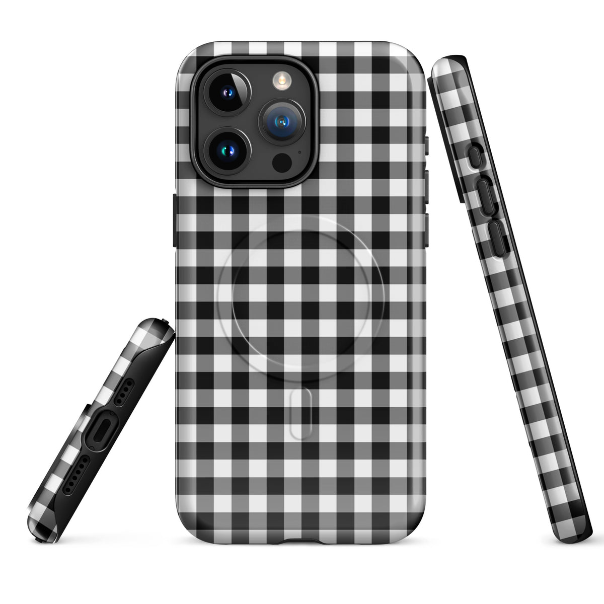 Magnetic Phone Case with black-and-white gingham pattern for iPhone, offers style and protection in a chic and durable design.