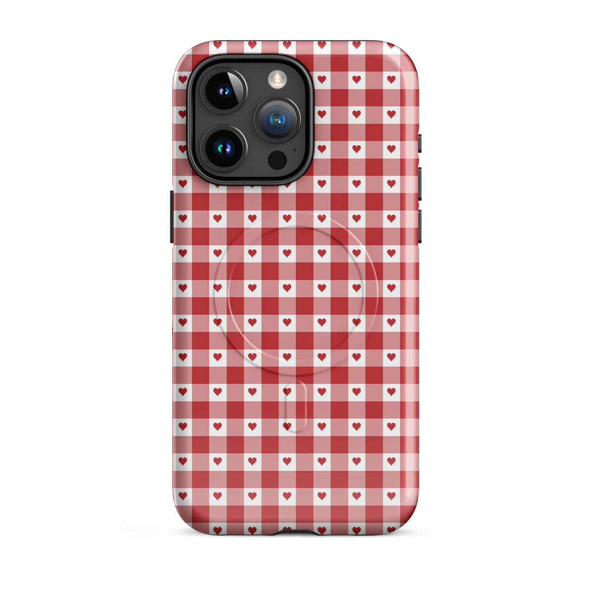 Magnetic Phone Case with red gingham heart pattern, stylish and durable accessory for iPhone.