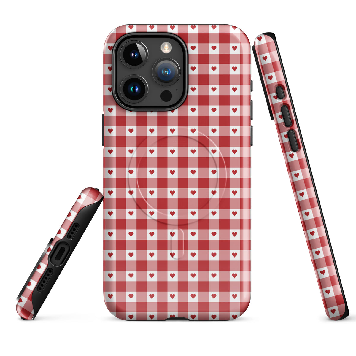 Magnetic Phone Case for iPhone with red gingham heart pattern, stylish design with durability