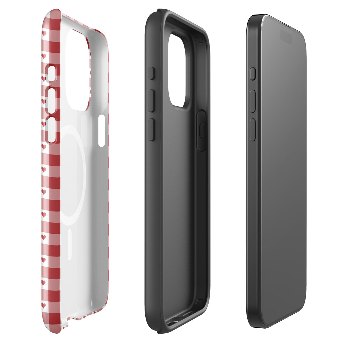 Magnetic Phone Case for iPhone with red gingham heart pattern, showcasing durable design and modern luxury.