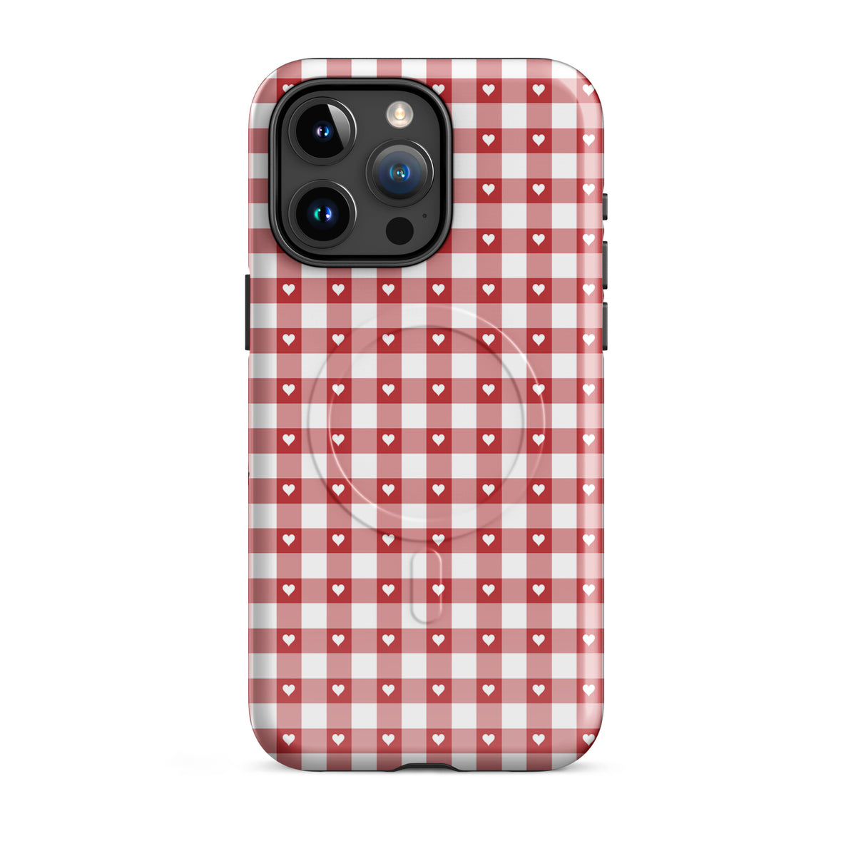 Magnetic Phone Case with red and white gingham pattern and hearts, designed for iPhone. Stylish and durable accessory.