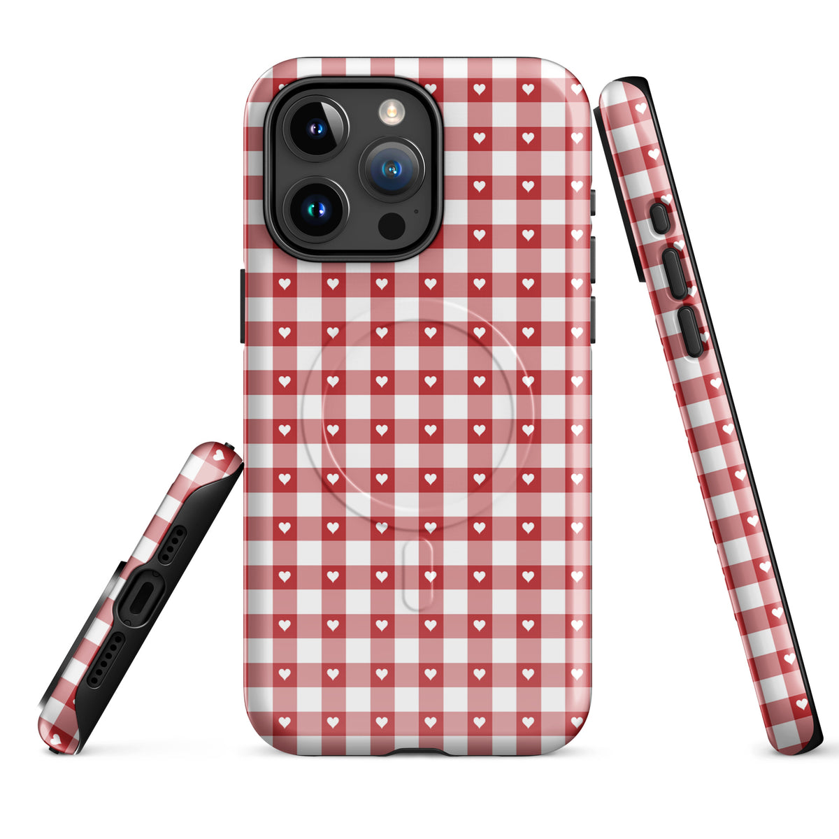 Magnetic Phone Case for iPhone, red and white gingham pattern with hearts, combines style and durability.
