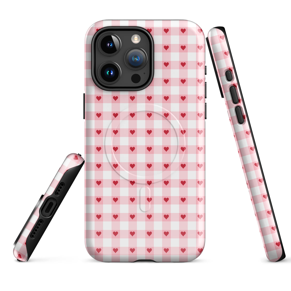 Magnetic Phone Case with pink-and-white gingham and red hearts for iPhone, blending playful charm and durability.