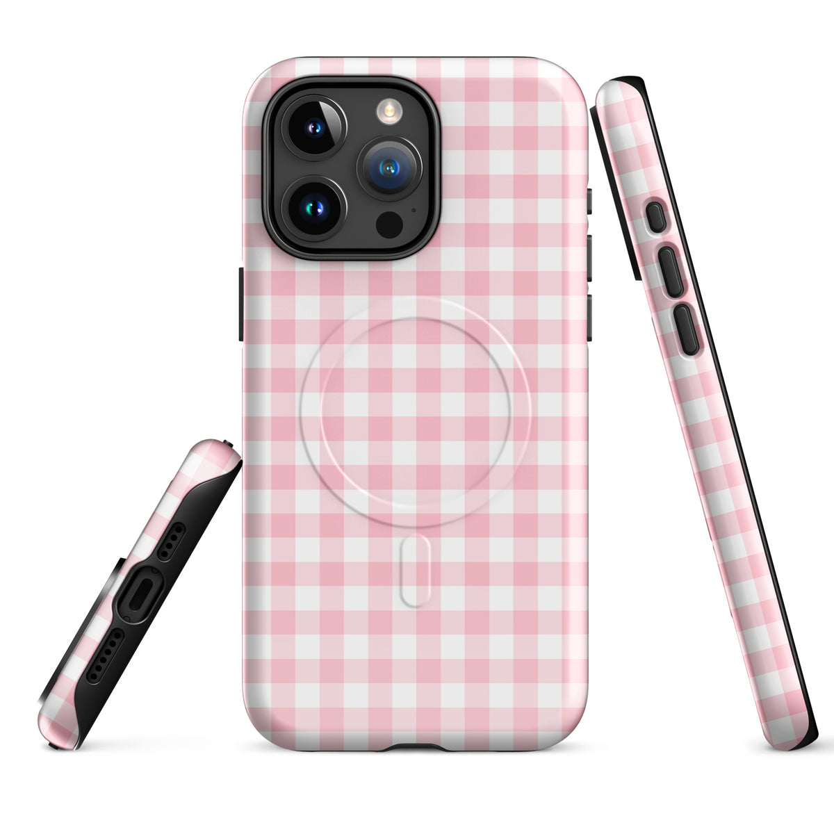 Magnetic Phone Case with pink and white gingham pattern for iPhone showing stylish design and protection features