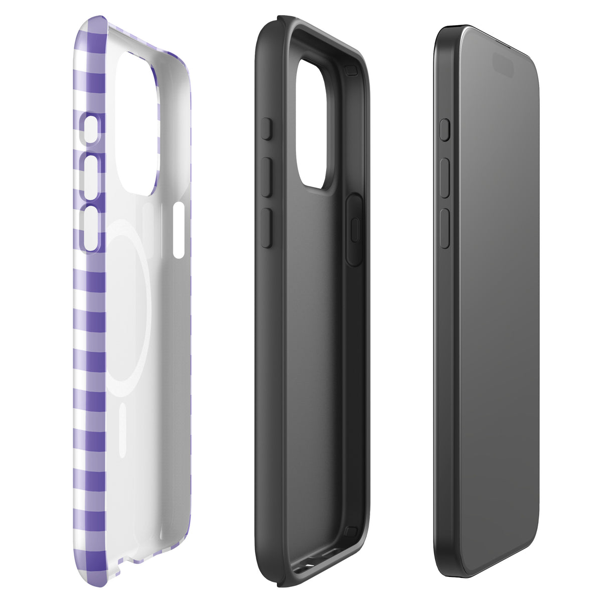 Magnetic Phone Case with purple and white gingham pattern for iPhone, showcasing stylish design and durable protection.