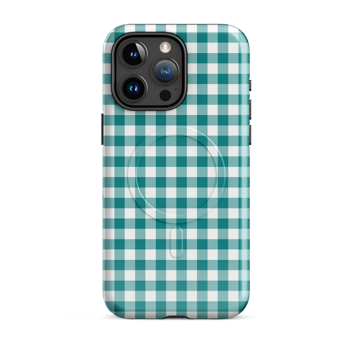 Magnetic Phone Case with teal and white gingham pattern for iPhone, offering style and protection.