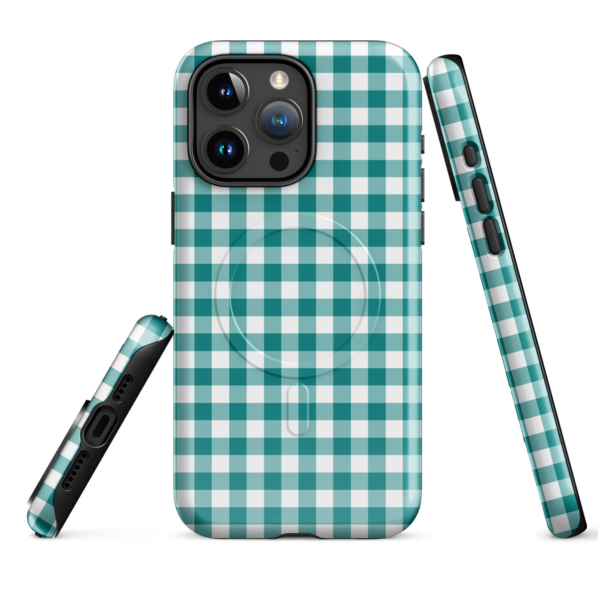 Magnetic Phone Case in teal gingham pattern for iPhone showcasing style and protection.
