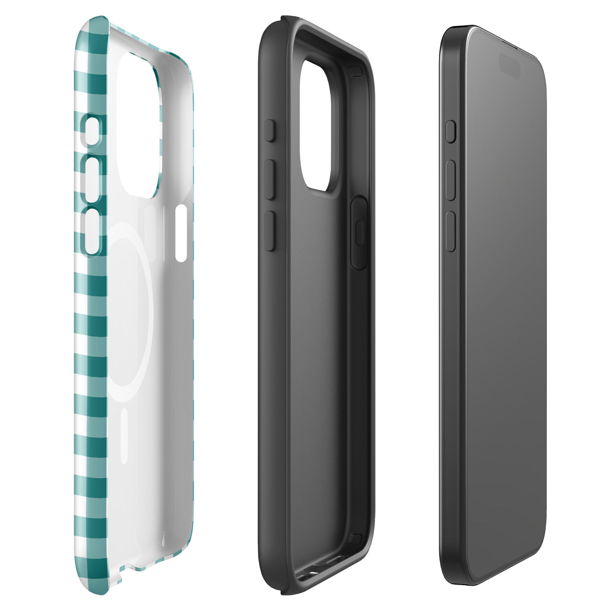 Magnetic Phone Case for iPhone with a teal and white gingham pattern, stylish and durable design