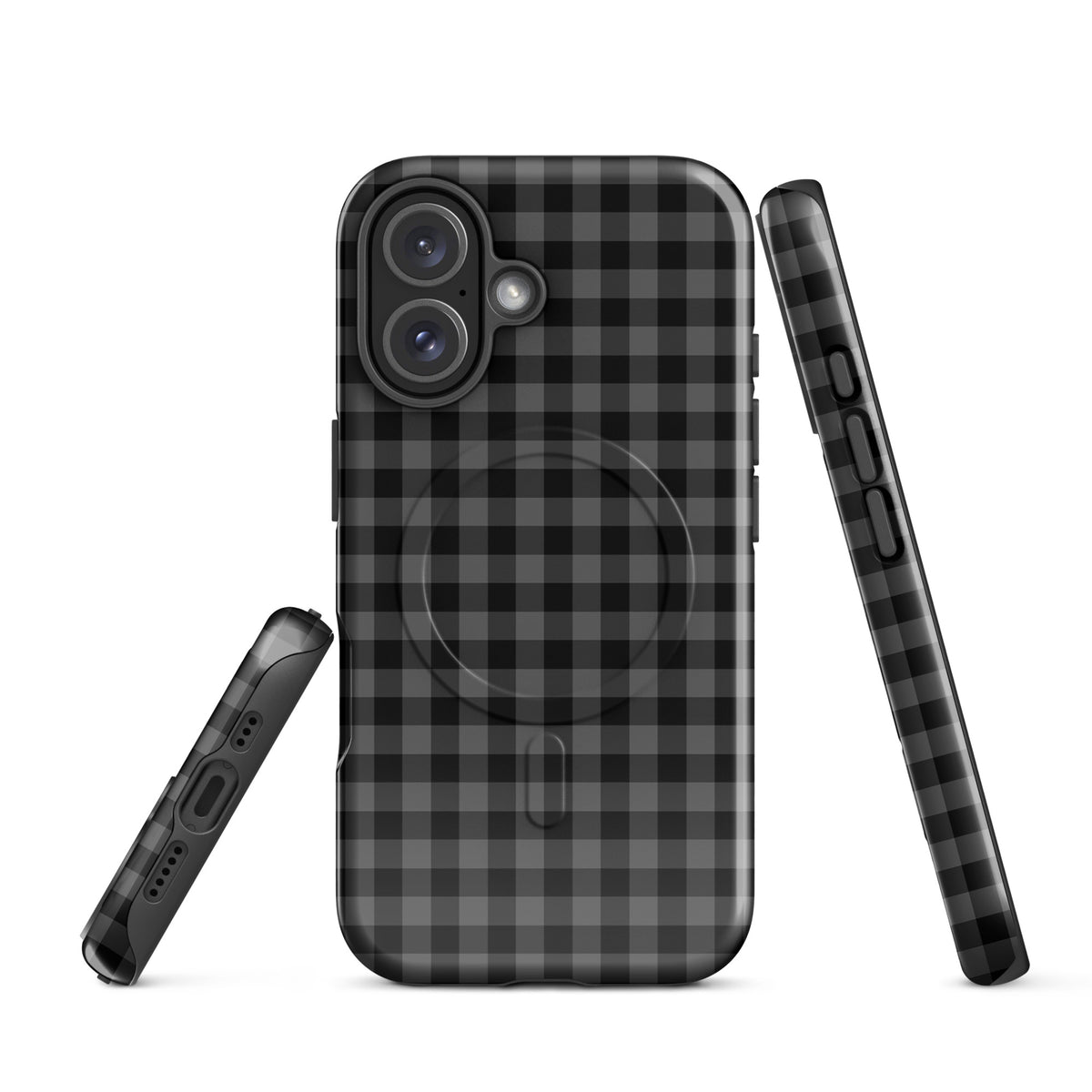 Magnetic Phone Case in black charcoal gingham pattern for iPhone, offering stylish protection and modern design.