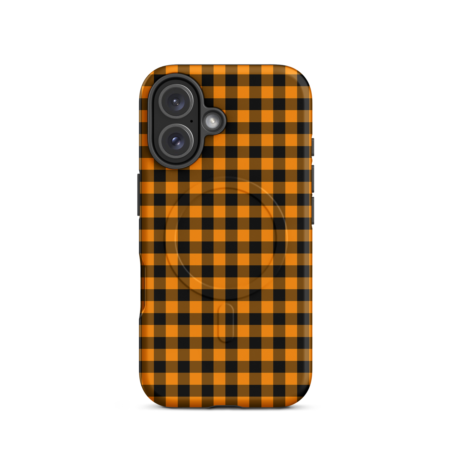Magnetic Phone Case in black-and-orange gingham Autumn theme for iPhone, combining style and durability in a chic accessory.