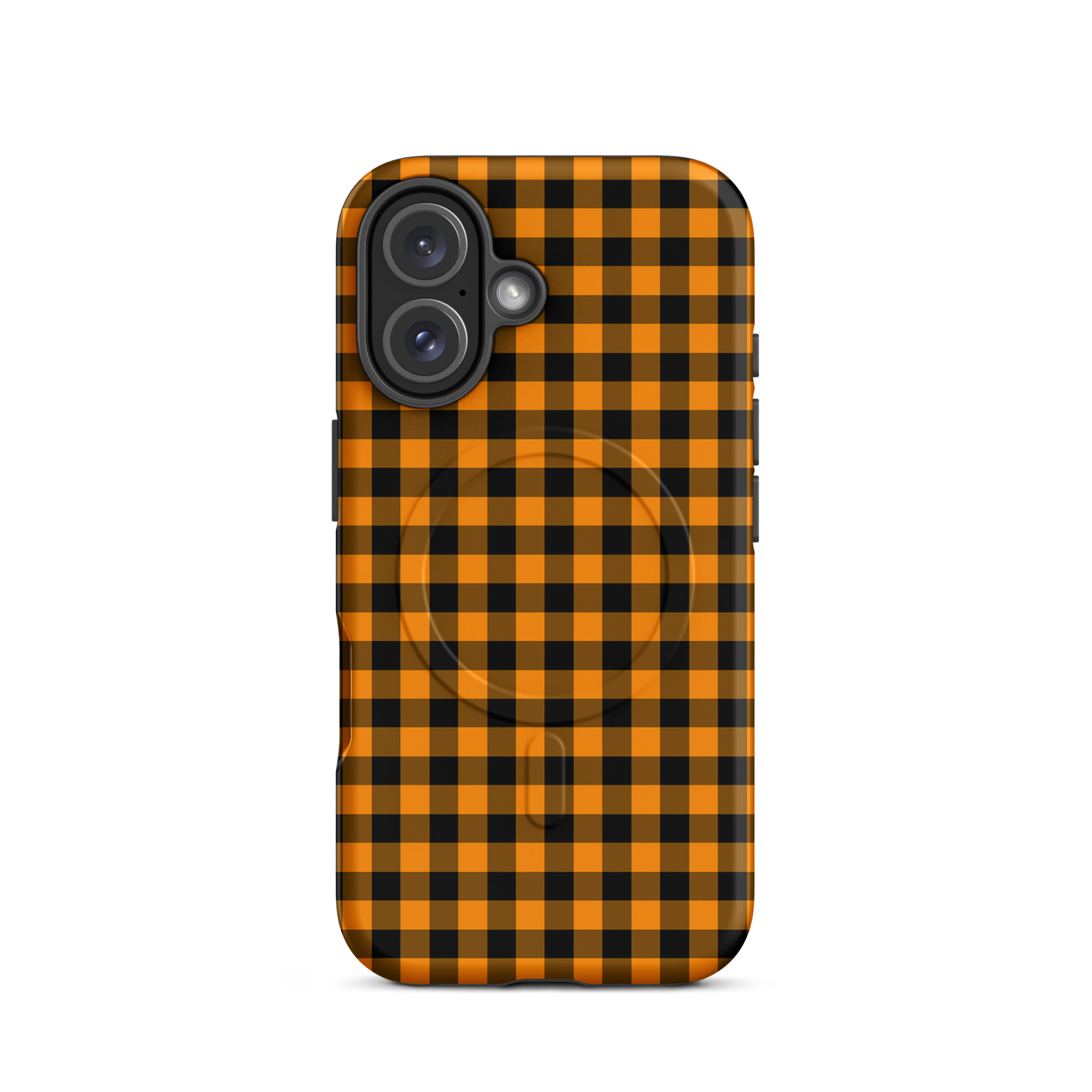 Magnetic Phone Case in black-and-orange gingham Autumn theme for iPhone, combining style and durability in a chic accessory.