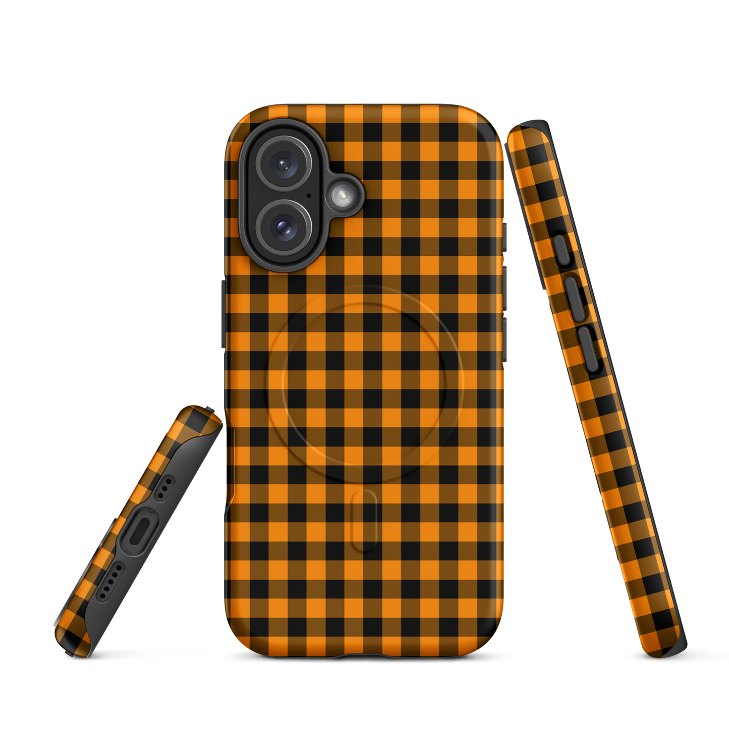 Magnetic Phone Case for iPhone in black-and-orange gingham autumn theme, showcasing durable luxury and playful charm.