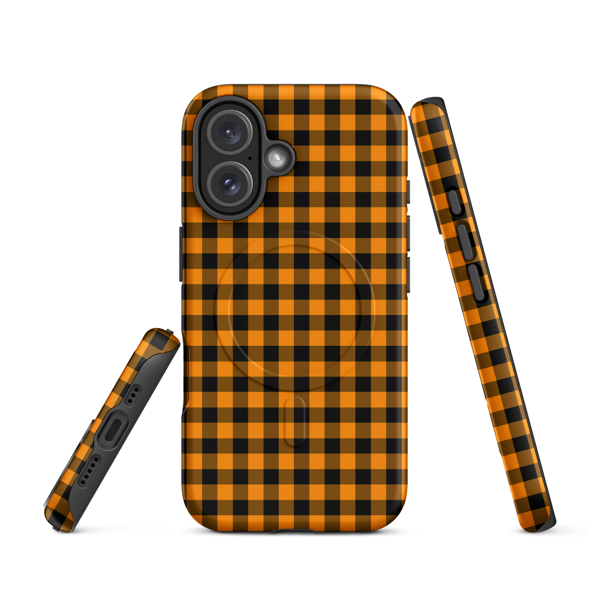 Magnetic Phone Case for iPhone in black-and-orange gingham autumn theme, showcasing durable luxury and playful charm.