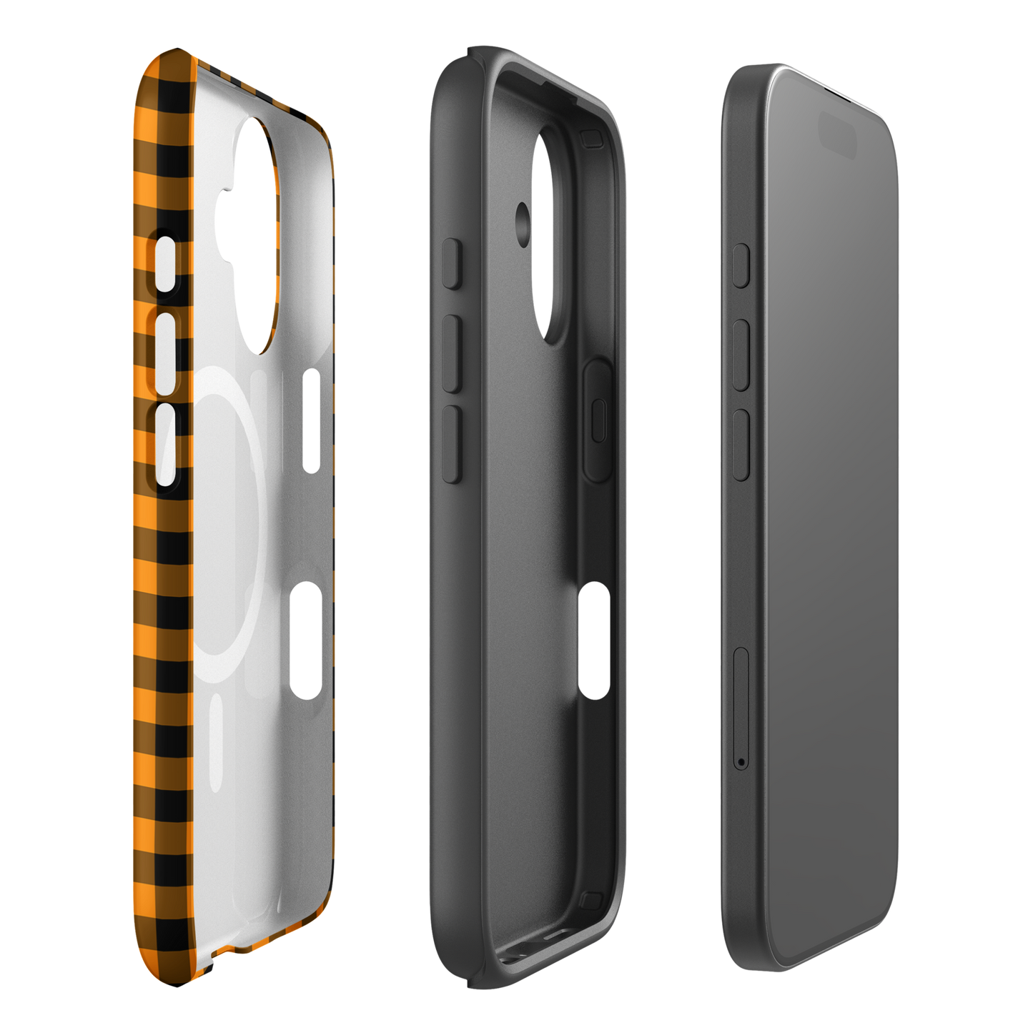 Magnetic Phone Case for iPhone with black-and-orange gingham Autumn theme, shown in segments, showcasing stylish and durable design.