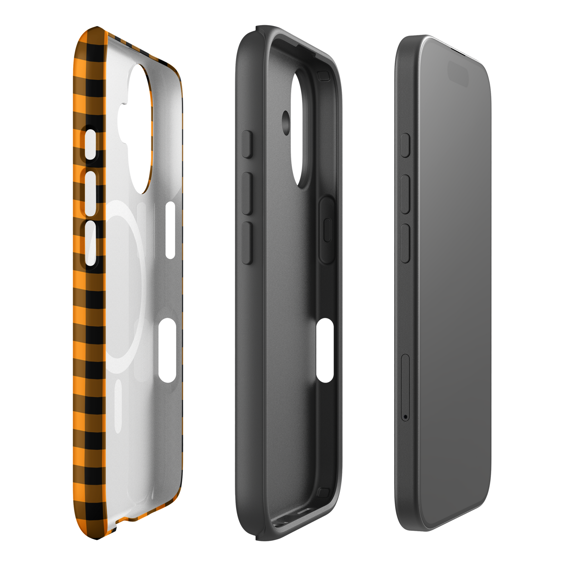 Magnetic Phone Case for iPhone with black-and-orange gingham Autumn theme, shown in segments, showcasing stylish and durable design.