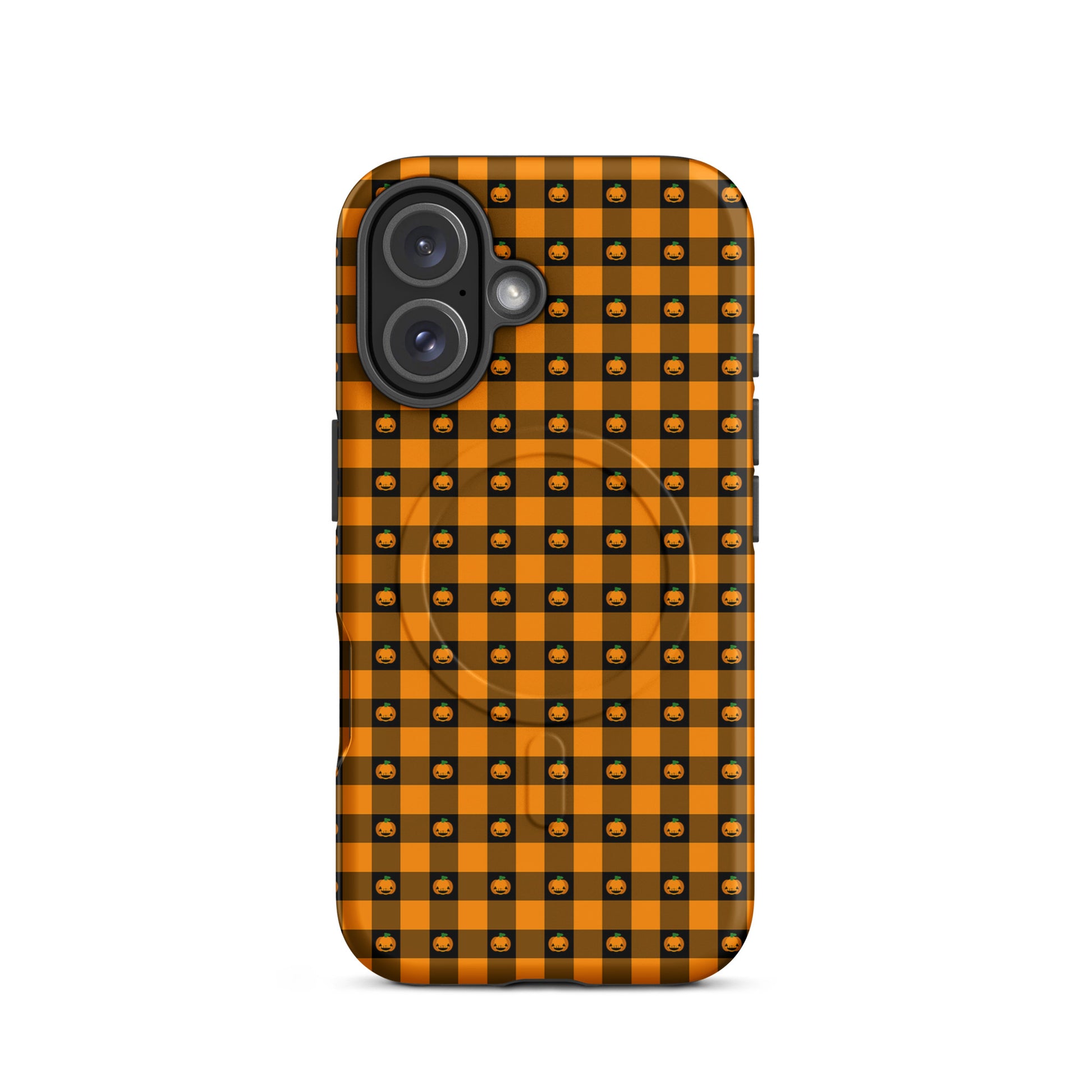 Magnetic Phone Case for iPhone with Halloween pumpkin gingham pattern, featuring orange and black jack-o’-lantern design.