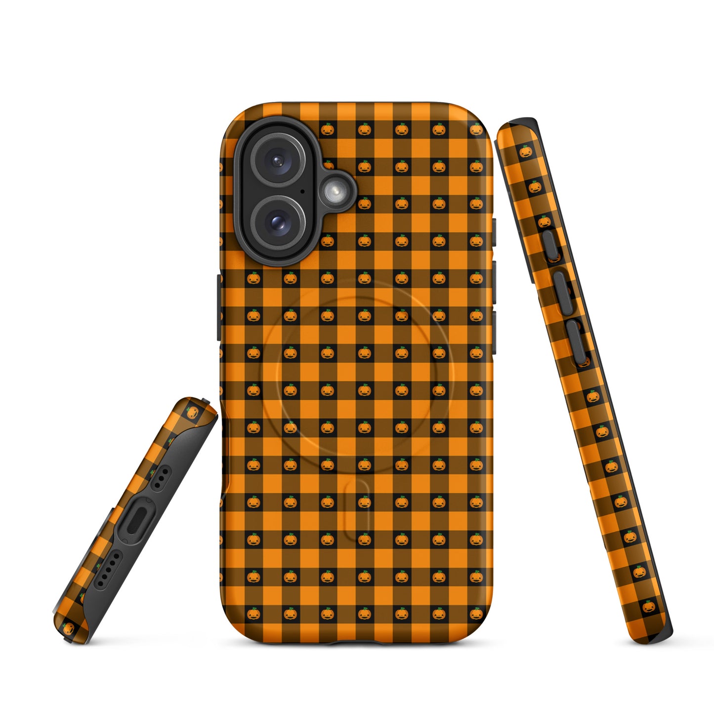 Magnetic Phone Case for iPhone with Halloween pumpkin gingham design showcasing festive jack-o’-lantern faces.