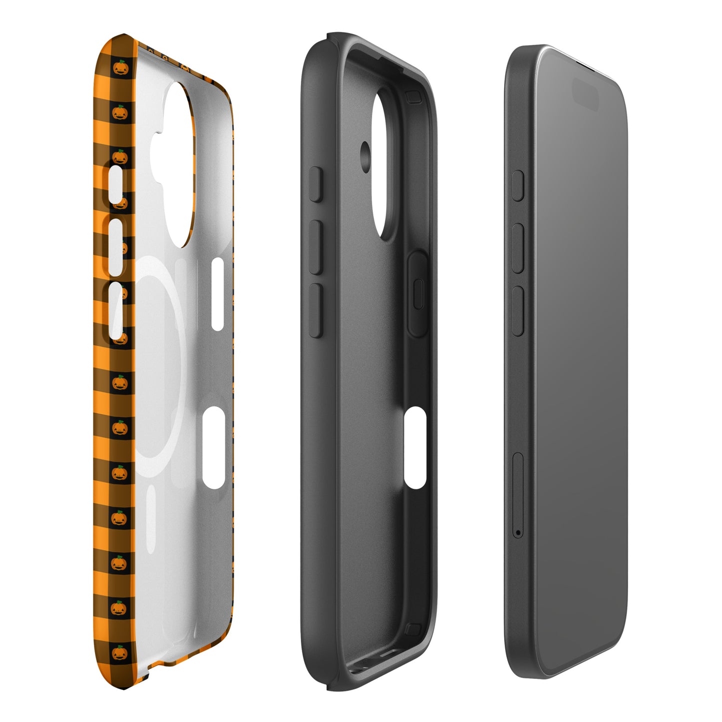 Magnetic Phone Case for iPhone with Halloween pumpkin gingham design, showcasing black and orange checkered pattern and jack-o’-lantern faces.