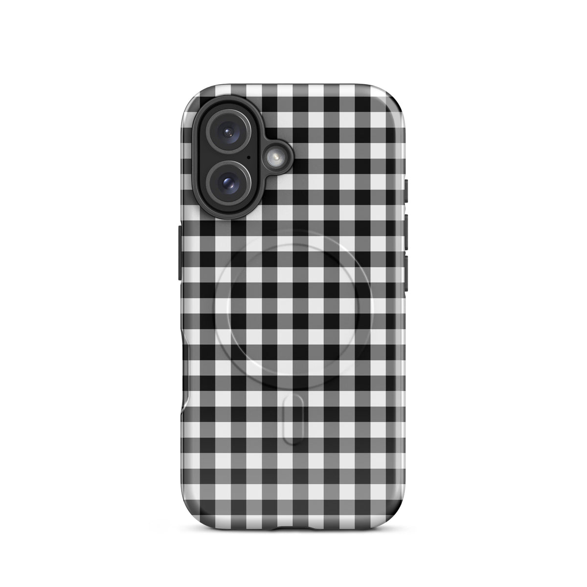Magnetic Phone Case with black and white gingham pattern for iPhone, offering style and protection.