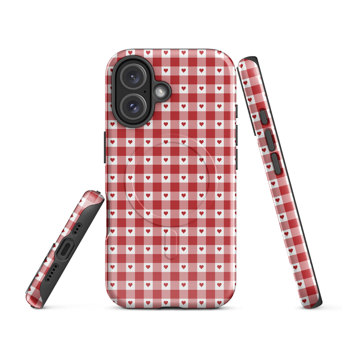 Magnetic Phone Case for iPhone with red gingham and heart pattern, showcasing stylish design and durability.