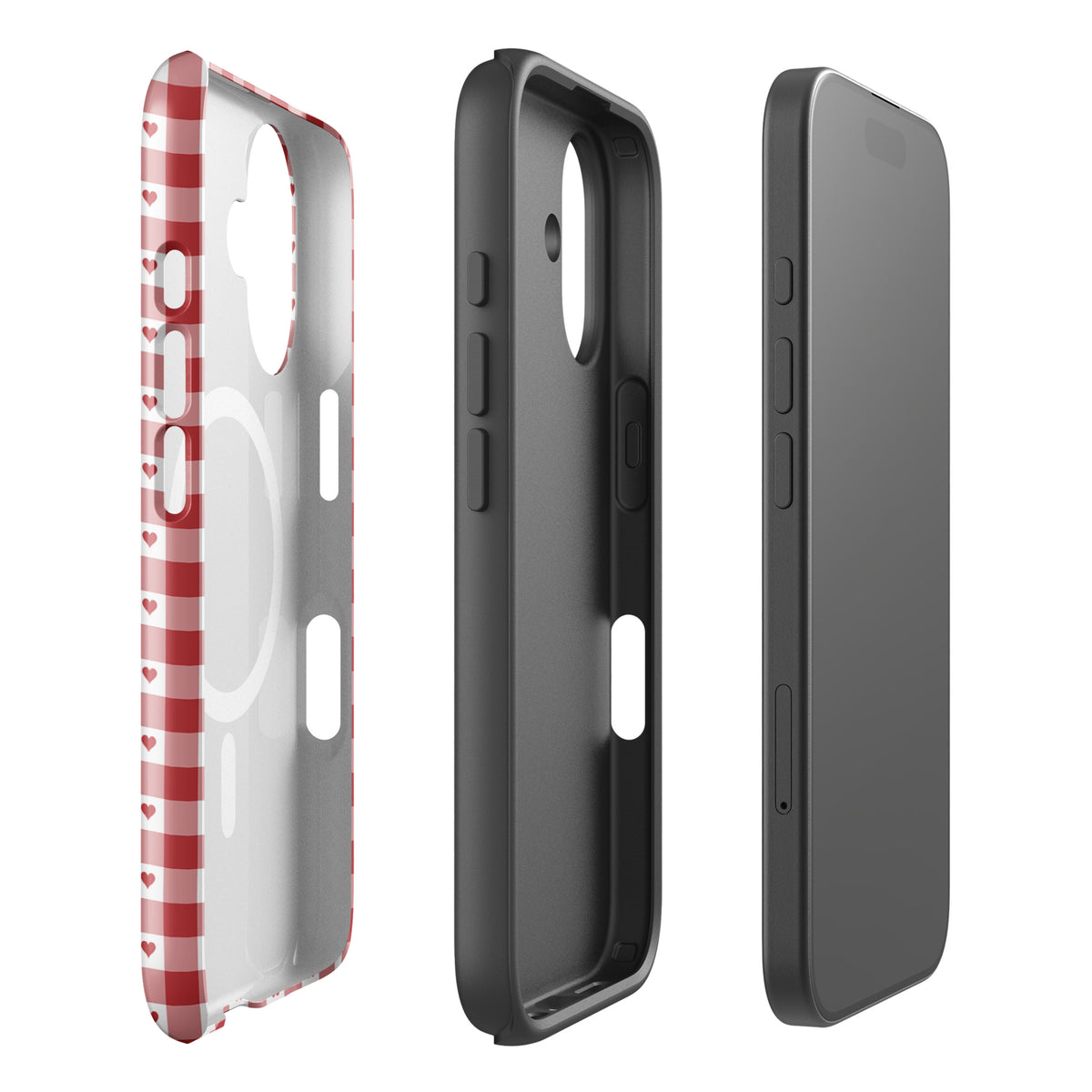 Magnetic Phone Case with red gingham heart pattern, featuring playful design and luxury for iPhone.