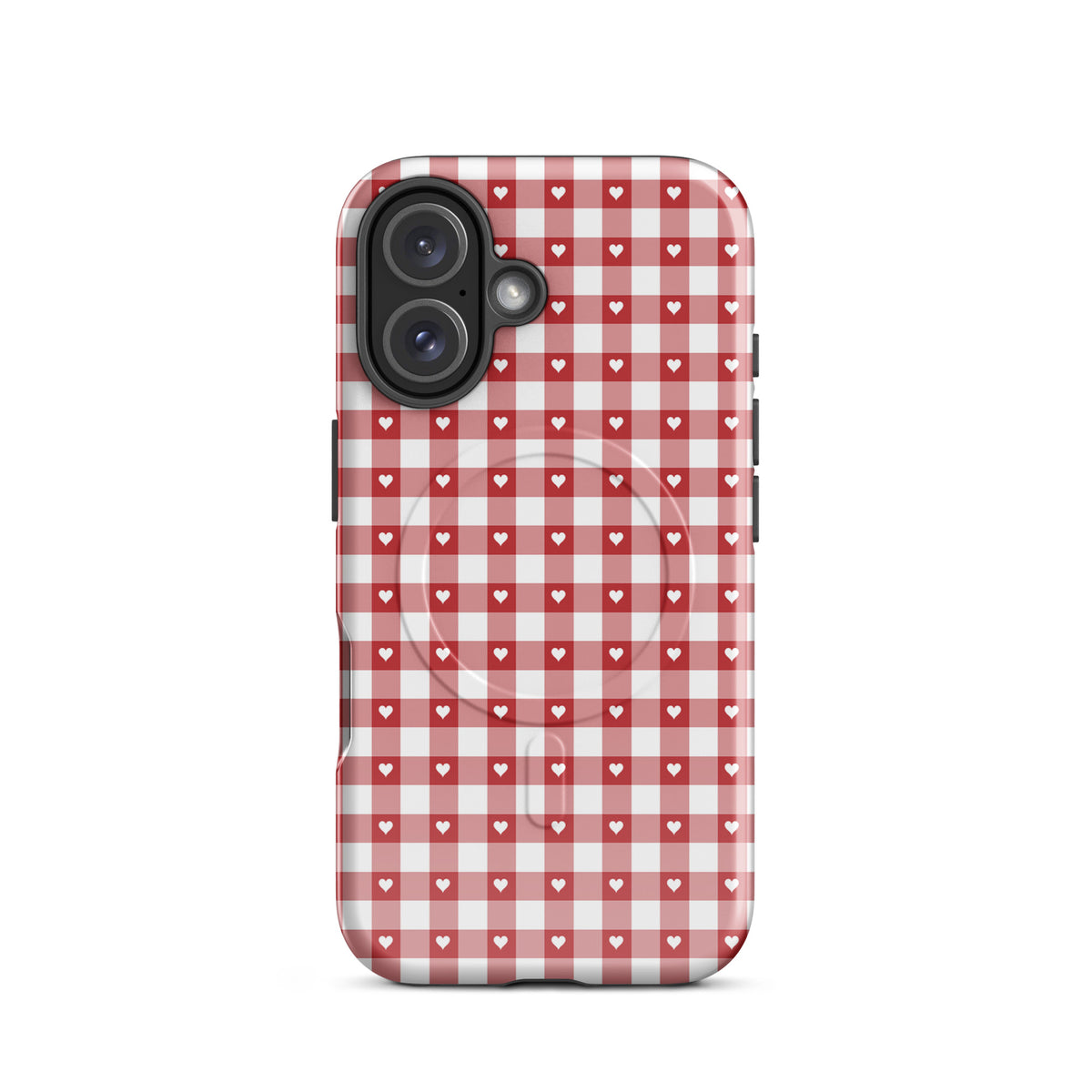 Magnetic Phone Case in red-and-white gingham pattern with hearts, stylish and durable design for iPhone, perfect protection accessory.