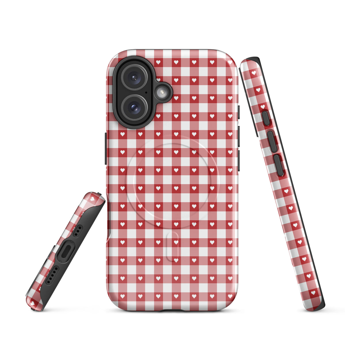 Magnetic Phone Case with red and white gingham pattern and white hearts for iPhone, stylish design and durable protection.