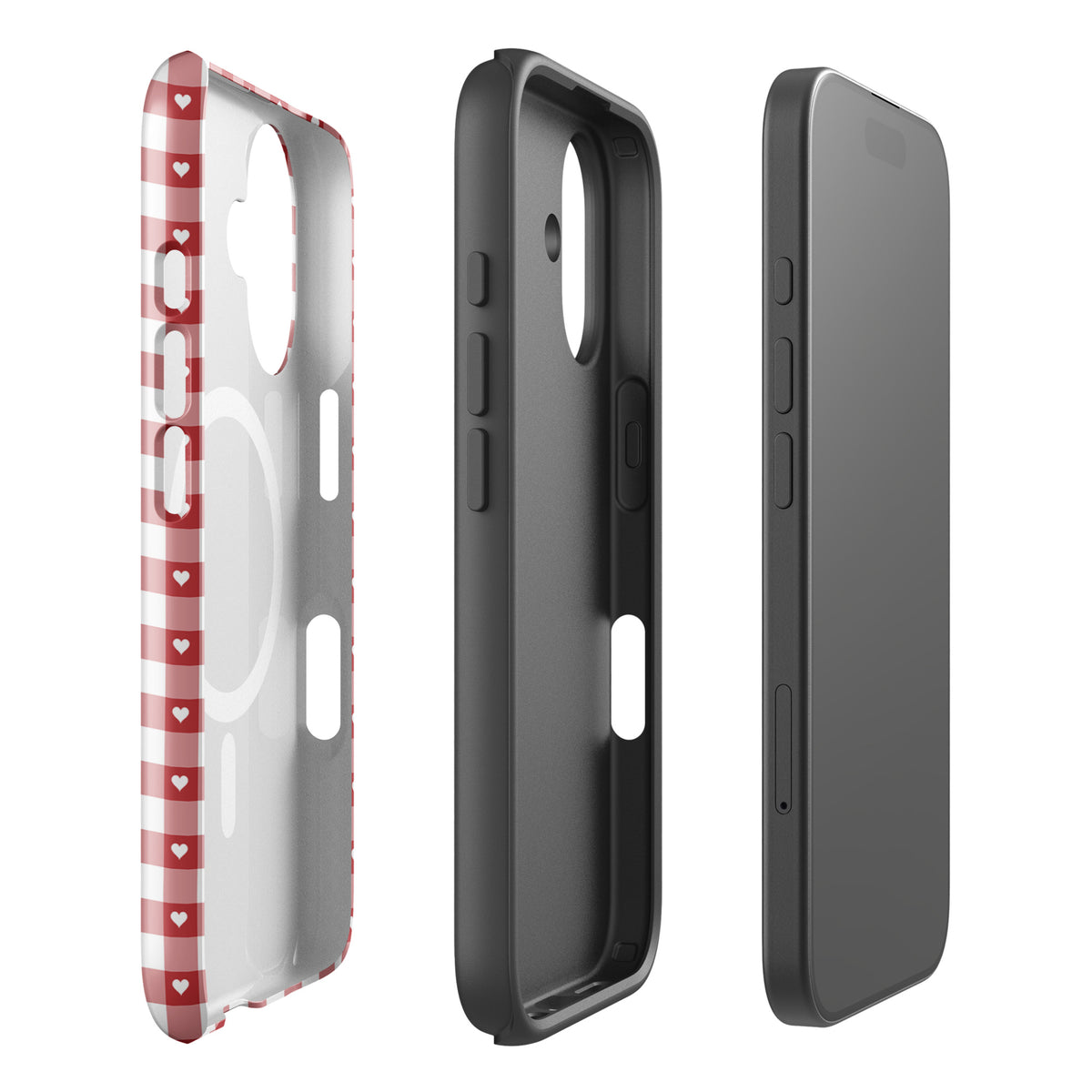Magnetic Phone Case for iPhone with red and white gingham pattern and hearts, showcasing style and protection in three views.