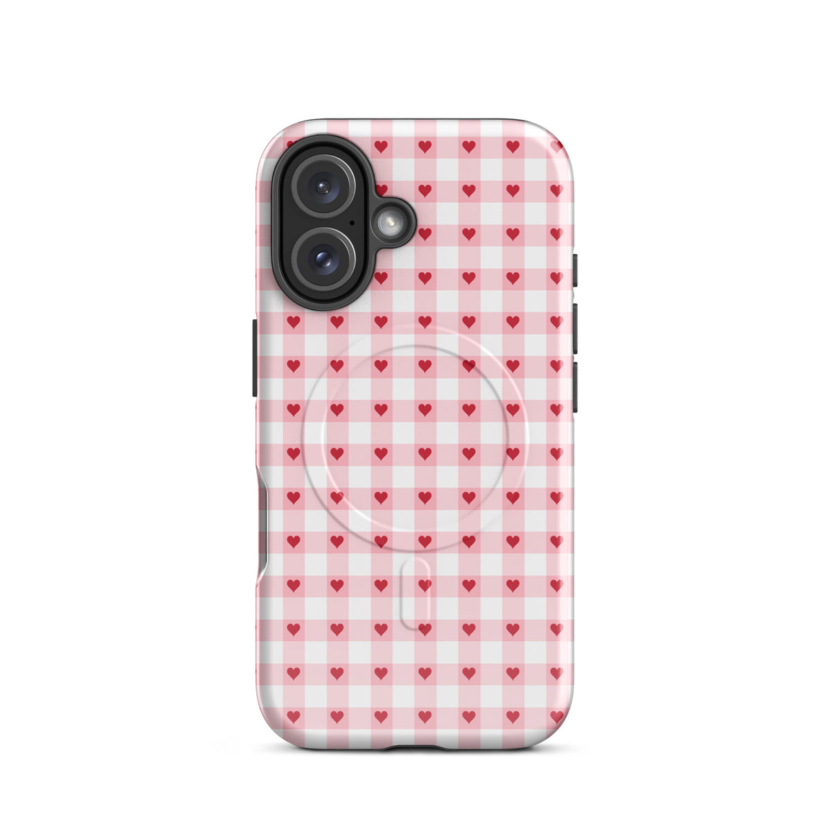Magnetic Phone Case with pink-and-white gingham and red hearts pattern for iPhone, chic and durable design.