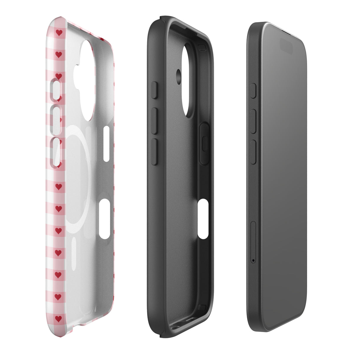 Magnetic Phone Case for iPhone with pink-and-white gingham pattern and red hearts, offering style and durability.