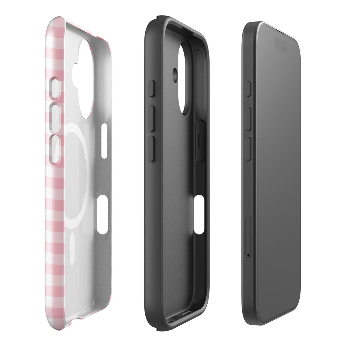 Magnetic Phone Case with pink and white gingham pattern for iPhone, showcasing stylish design and protective features.
